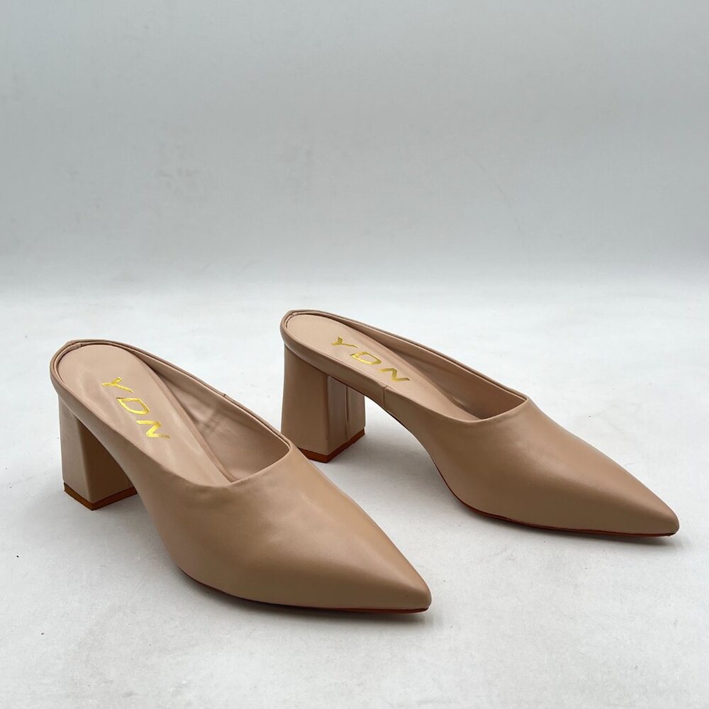 YDN Nude Retro Pointed Toe Mules Pumps Block Mid Heel Slip On Slide Sandal - Picture 3 of 7